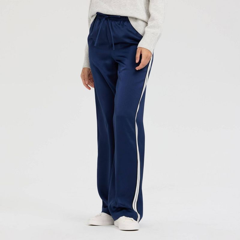 Women's High-Rise Wide Leg Satin Track Pull-On Pants - A New Day Navy Blue Xs